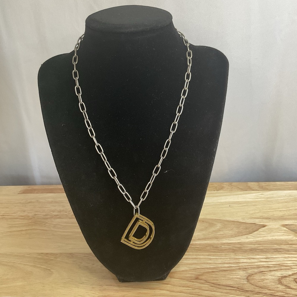 Julio Designs Necklace "D" Initial Dimensional Brass / Silver Tone Chain 18"
